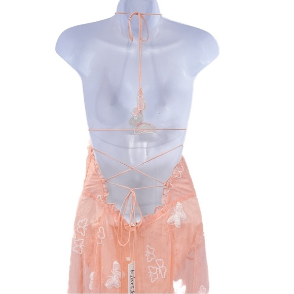 For Love & Lemons Beckett Lace Sheer Butterfly Sequin Bodysuit Maxi Dress Pink - Picture 10 of 16